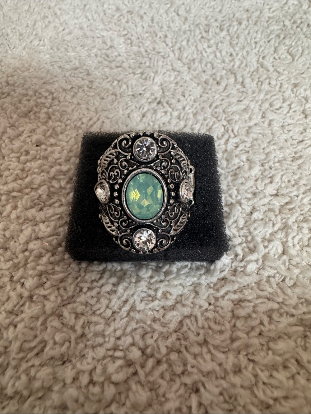Paparazzi Antique Silver Filigree Ring with Green Center